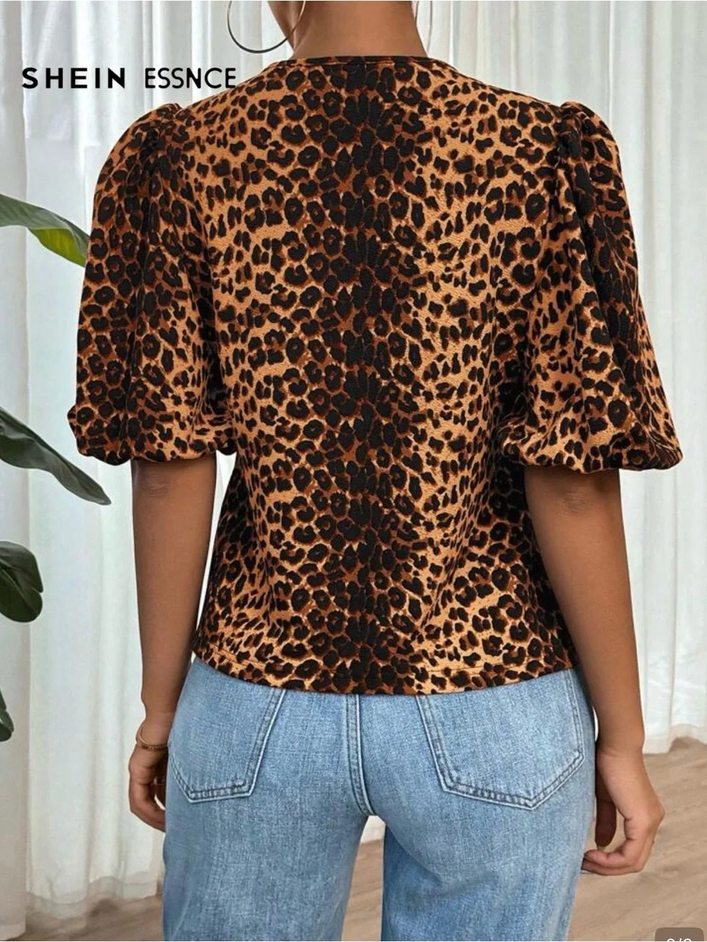 SHEIN Brown & Black Leopard Tie-Front Puff Sleeve Blouse